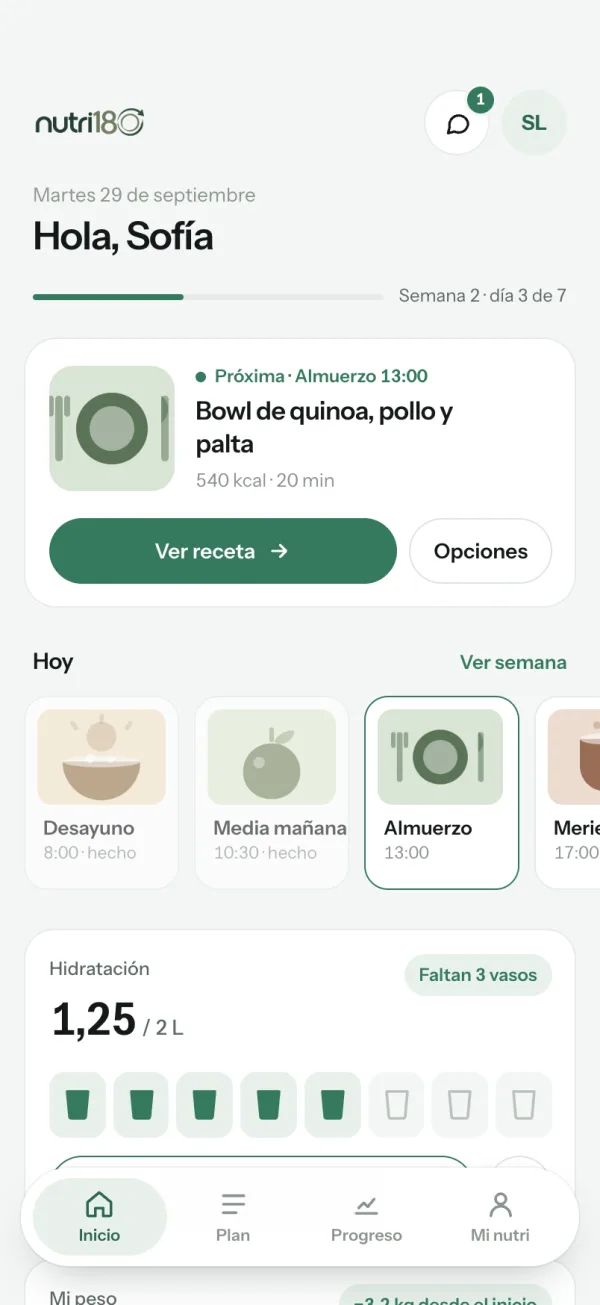 Pantalla Hoy de la app: la próxima comida, las comidas del día y la hidratación