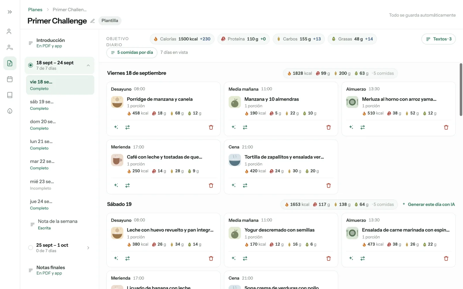 Plan builder: semana con comidas, calorías y macros por día