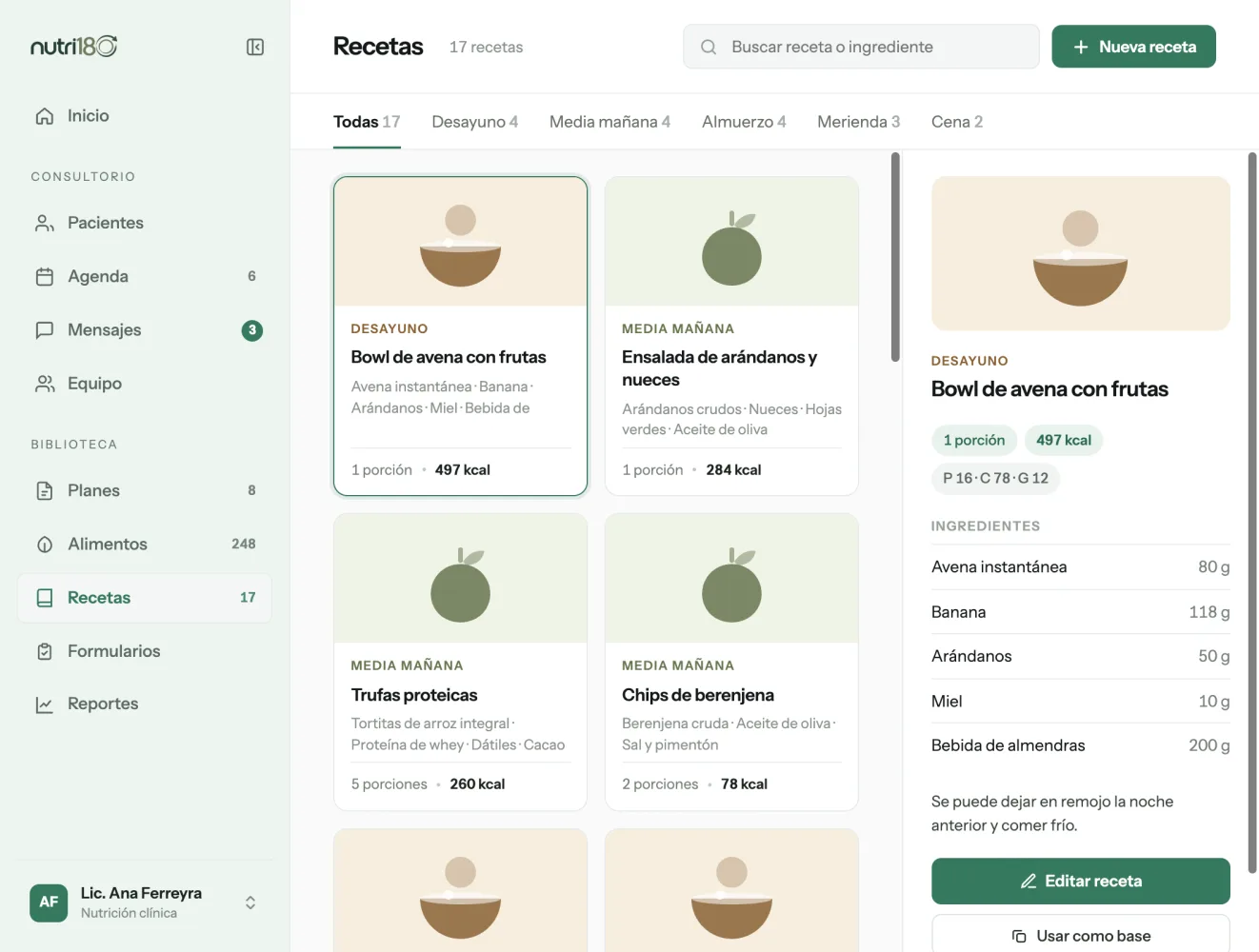 Recetario propio organizado por tipo de comida, con calorías por porción